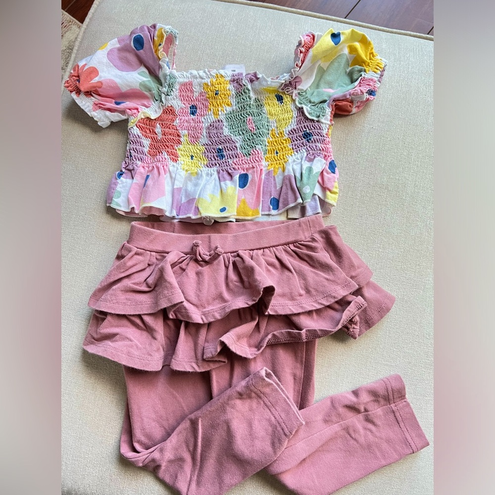 Cropped floral smock top & mauve ruffle legging duo